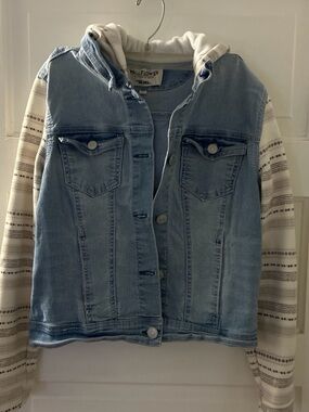 Wallflower Light Blue Denim Jacket with Cream Striped Knit Sleeves